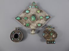 Two Antique Tibetan Silver and Turquoise Gaus (Reliquary Amulets), together with a Tibetan silver