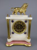 A French White Marble Mantel Clock, with gilt lion crest, approx 36 x 13 x 20 cms.