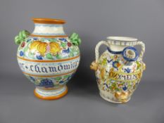 Two Hand-Painted Majolica Apothecary Jars, one labelled 'Flor-Chamomilla', the other 'Oxymel &