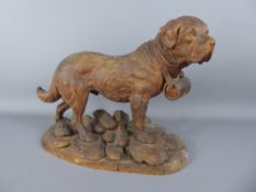 A Black Forest Carving, St Bernard Dog, approx 42 x 32 cms, depicted standing with a barrel at his