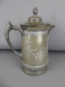 A Generously Proportioned Pewter Beer Tankard and Cover, incised with foliate decoration, approx