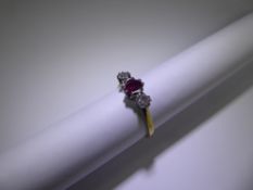 An Antique 18ct Yellow Gold Diamond and Ruby Ring, 2 x 10 pt dias, 5 x 4 mm ruby, size Q, approx 3.3