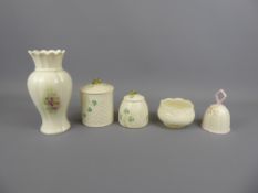 Two Mid-20th Century Belleek Clover Jars, one for jam and the other honey, bearing factory marks for