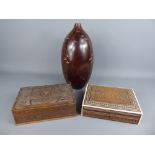 An Ovoid Wood Carved Japanese Vase, together with a Syrian Marquetry trinket box and one other