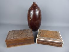 An Ovoid Wood Carved Japanese Vase, together with a Syrian Marquetry trinket box and one other