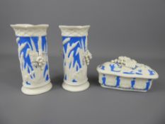 Antique Bennington Parian Ware Pillar Vases and trinket box, all three decorated with barley and