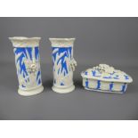 Antique Bennington Parian Ware Pillar Vases and trinket box, all three decorated with barley and