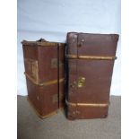 Three Sturdy Brown Cabin Trunks (wf), the first approx 83 x 49 x 43 cms with interior shelf, the