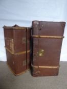 Three Sturdy Brown Cabin Trunks (wf), the first approx 83 x 49 x 43 cms with interior shelf, the