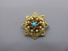 An Edwardian 14-15ct Yellow Gold (tested) Diamond, Turquoise and Seed Pearl Star Brooch, the