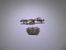 A Vintage 9ct Yellow Gold and Seed Pearl Coronet Brooch, together with a 9ct gold and seed pearl