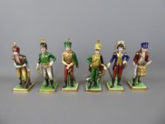 Six Antique German Porcelain Military Figures, depicted in various period uniform, approx 15 cms.