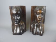 A Pair of Vintage African Carved Ebony Bookends, in the form of female torsos.