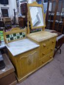 A Victorian Pine Dresser and Marble-Top Washstand with ceramic tile splash-back, knob handles and