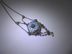 A Lady's Blue Enamel and Blue Stone Drop Pendant.