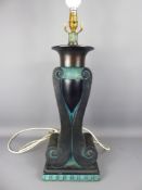 American Made Urn-Shaped Standard Lamp decorated with a green Egyptian-style shade, approx 130 cms