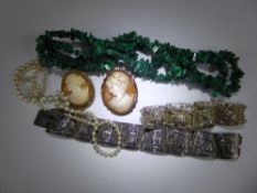 Miscellaneous Jewellery, including a Maltese silver filigree bracelet, green beads, two shell cameos