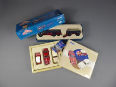 A Trio of Tour de France Die Cast Corgi Cars, including a Ferrari, Jaguar Mark II and a Mini, in