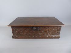 A Circa 18th Century Oak Bible Box. The box carved with the letters A W to top with carved front