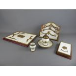 A French Antique Gilt and Leather Desk Set, including inkwell, pen-holder, small pot, letter-rack,