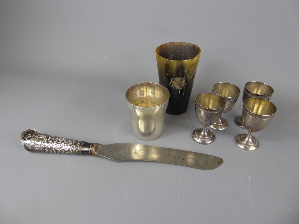 Two Christening Beakers, including a horn beaker with silver cartouche and a silver beaker stamped