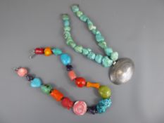 Two Hand-Crafted Semi-Precious Stone Collar Necklaces, one with rough-cut turquoise and central