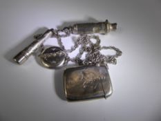 A Silver Chain, with a silver whistle London hallmark, locket, silver and amber cigarette holder and