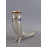 A Silver Toasting Horn, the horn inset with blue cabachon stones, mm A E Jones, Birmingham hallmark,