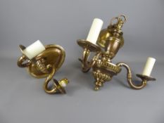 Three vintage three branch brass ceiling light fittings together with five two branch wall light