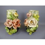 A Pair of Late 19th Century French Jean Pointu Vases, with applied voluminous roses, marks to