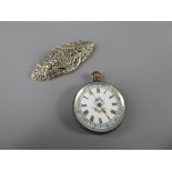 A Lady's Silver Swiss Open Faced Pocket Watch, self-winding, white enamel face with Roman dial