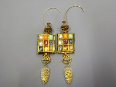 A Pair of Antique 18 ct Yellow Gold and Enamel Navratna Style Earrings, the square design set with