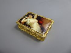 A Vintage 18ct Gold-Plated Pill Box with a hand-painted miniature portrait of a reclining nude