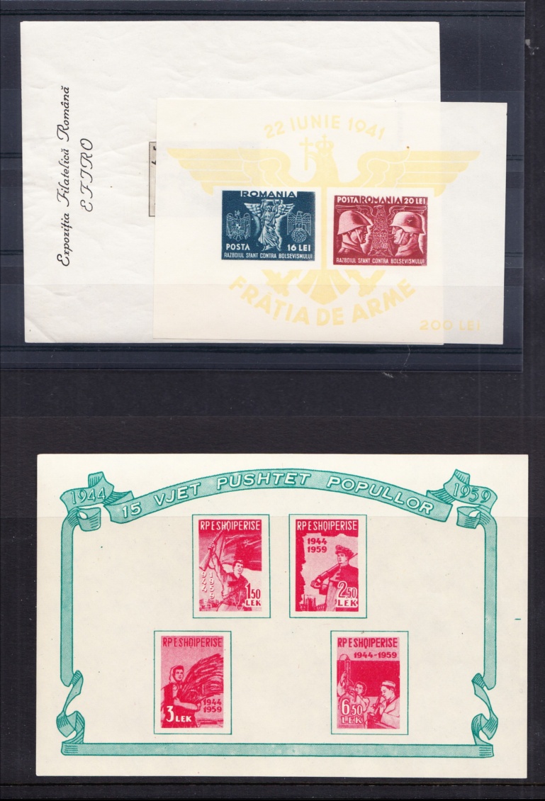 Balkans: Albania 1938 Royal Wedding M/S & 1959 15th Anniv M/S, also Rumania 1932 & 1941 M/S.