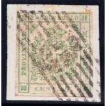 Modena: 1859 5c green used on piece, 4 good margins.