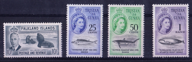 Falklands 1952 10/- & Tristan 1961 25c, 50c & 1r Mint, fine.