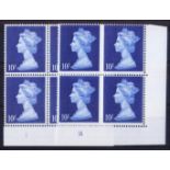 1969 10/- deep ultramarine Plates 1 & 1A plate blocks of 4. U/M, fine.