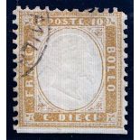 1862 10c bistre with variety Imperforate at Base F/U, fine. Sassone Cat 850 euros.