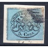 Papal States: 1867 5c black on blue used on piece, slight faults.