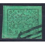 Papal States: 1867 2c black on green used, slight creasing.