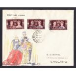 1937 Coronation all 3 overprints on A.J.S. handpainted FDC with British Post Office Tangier CDS.
