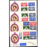 1953 Coronation: Bahrain, Kuwait, Muscat & Tangier sets on 4 BPA/PTS FDCs. Printed addresses, fine.