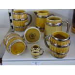 6 WADE & 1 X ST. JAMES POTTERY, CERAMIC BARREL MUGS