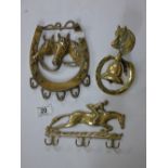 3 HORSE RELATED BRASS ITEMS, INCLUDING HOOKS & BELL