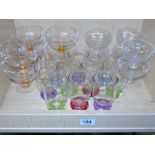 2 SETS OF GLASS DESSERT DISHES + 10 GLASSES WITH COLOURED BASES / STEMS