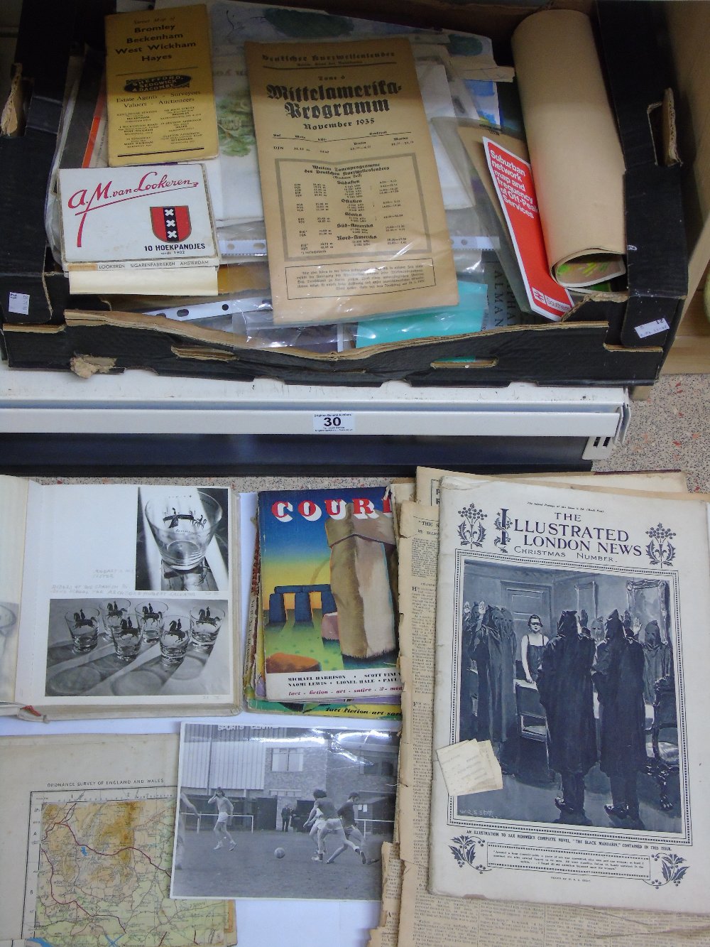 BOX OF EPHEMERA INCLUDING ADVERTISING, THE COURIER MAGAZINE & LONDON ILLUSTRATED PAPER