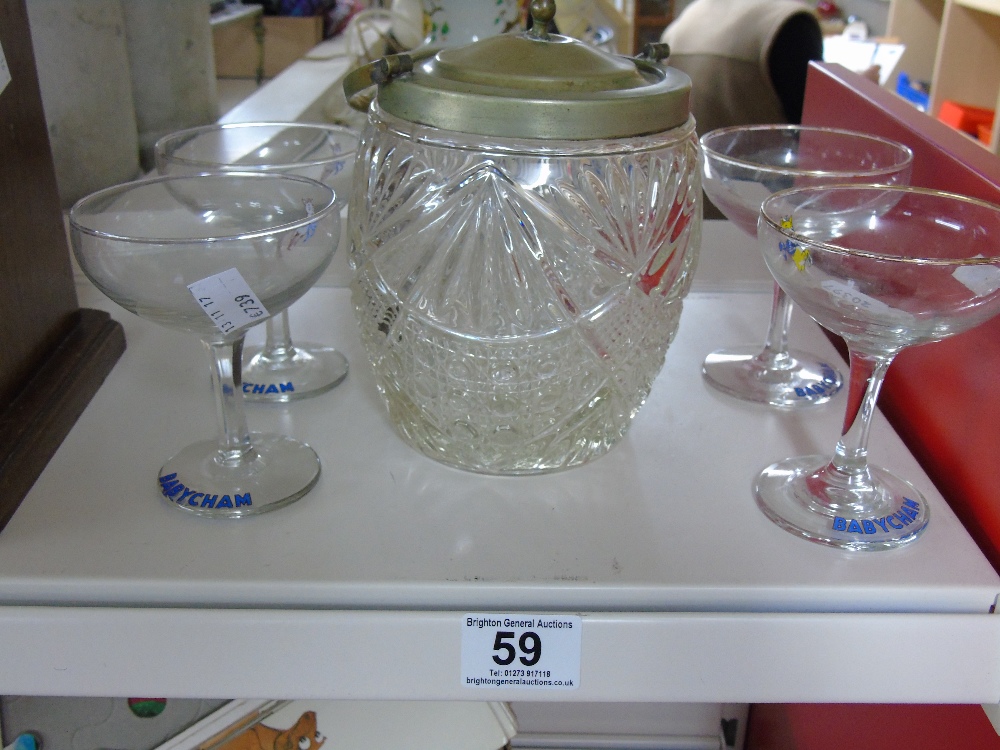 GLASS BISCUIT BARREL WITH METAL TOP & 4 BABYCHAM GLASSES