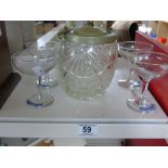 GLASS BISCUIT BARREL WITH METAL TOP & 4 BABYCHAM GLASSES