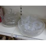 LARGE GLASS DESSERT BOWL & MATCHING DISHES + GLASS PLATE & DOME