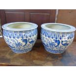 2 BLUE & WHITE ORIENTAL FISH BOWLS